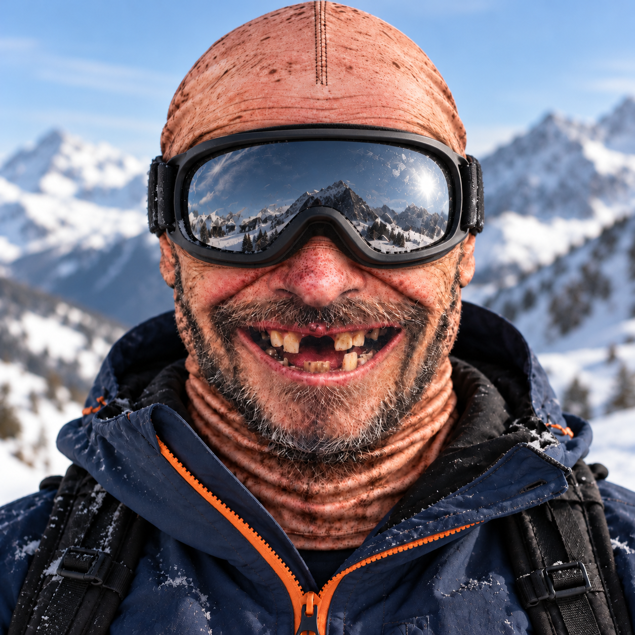 Toothless Tony thermal ski balaclava on the mountain with mirrored ski goggles