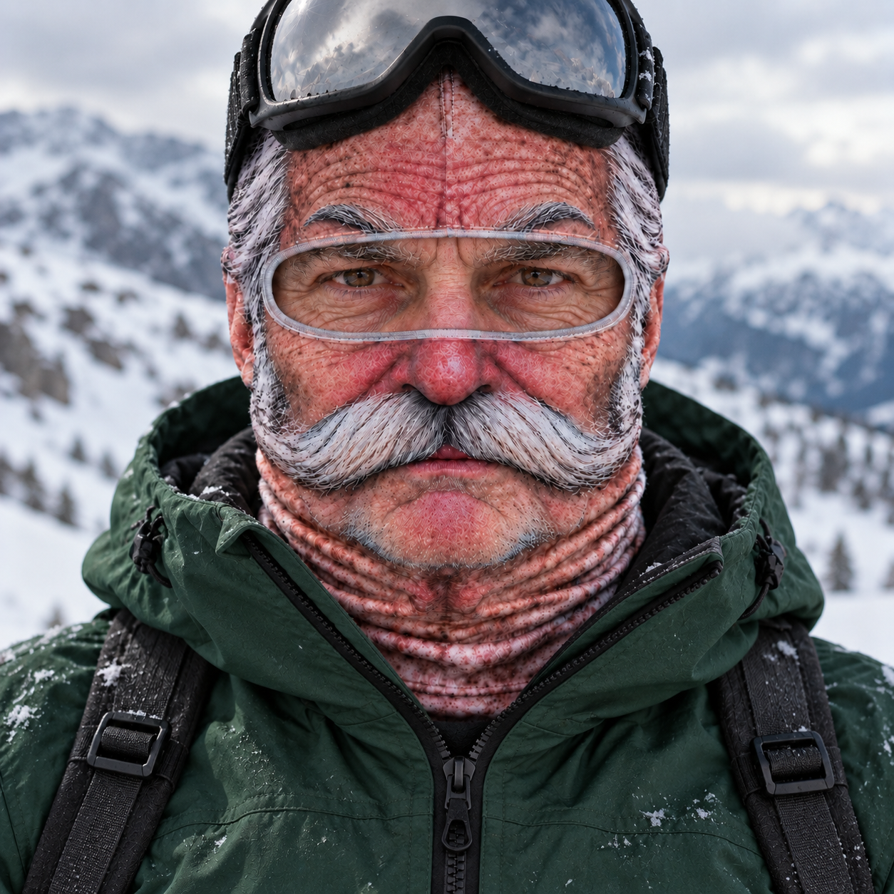 Mustache Mike thermal ski balaclava on the mountain with goggles pushed up on the forehead