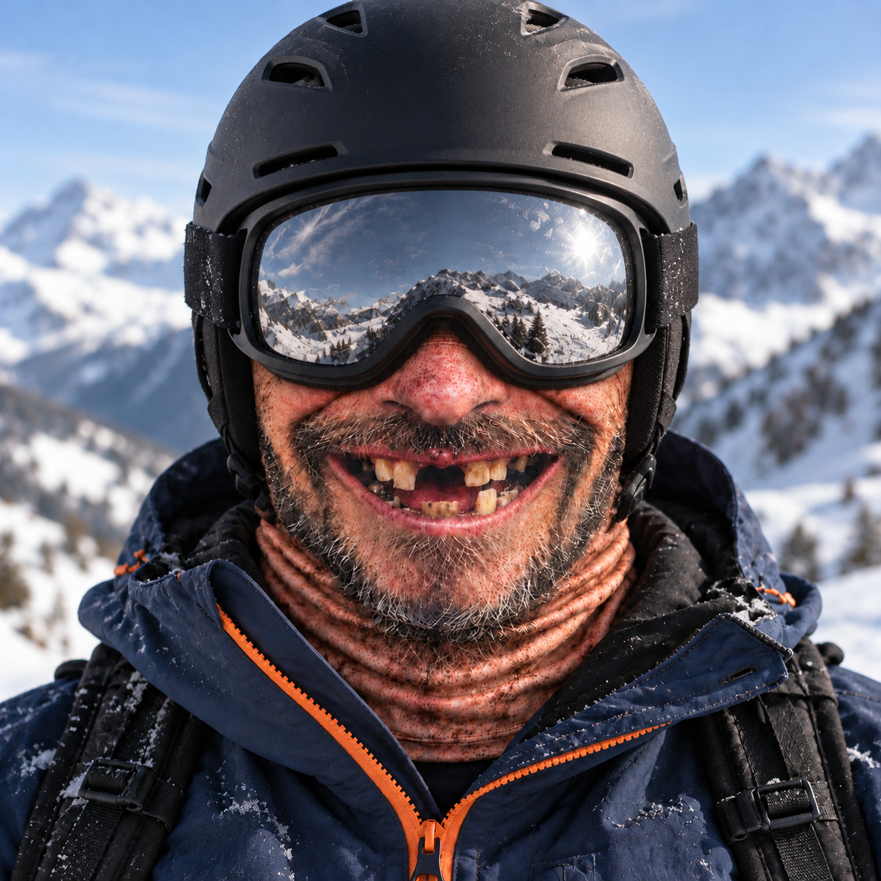 Toothless Tony thermal ski balaclava under a ski helmet with mirrored goggles