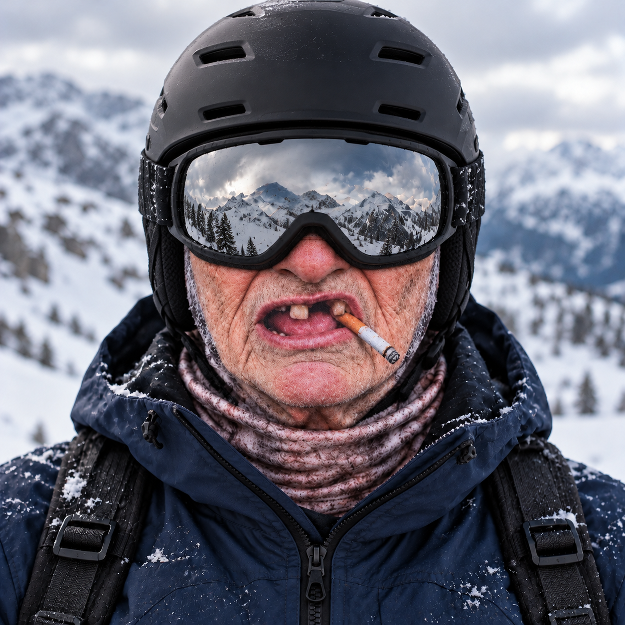 Cranky Carl thermal ski balaclava under a ski helmet with mirrored goggles