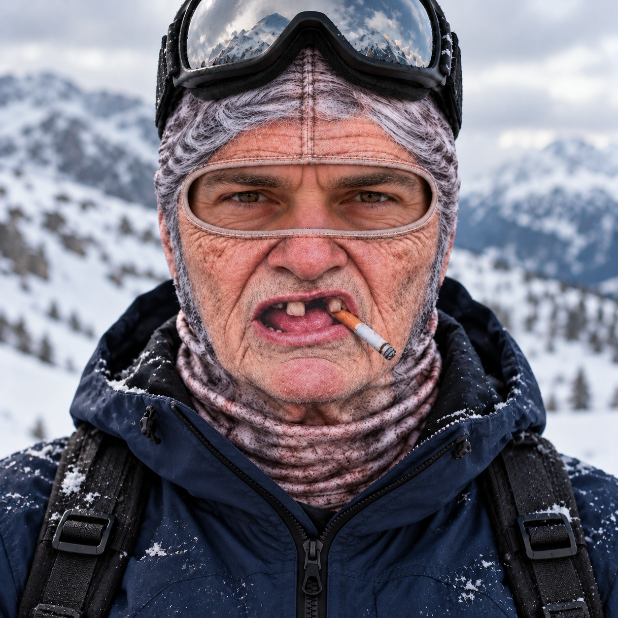 Cranky Carl thermal ski balaclava on the mountain with goggles pushed up on the forehead