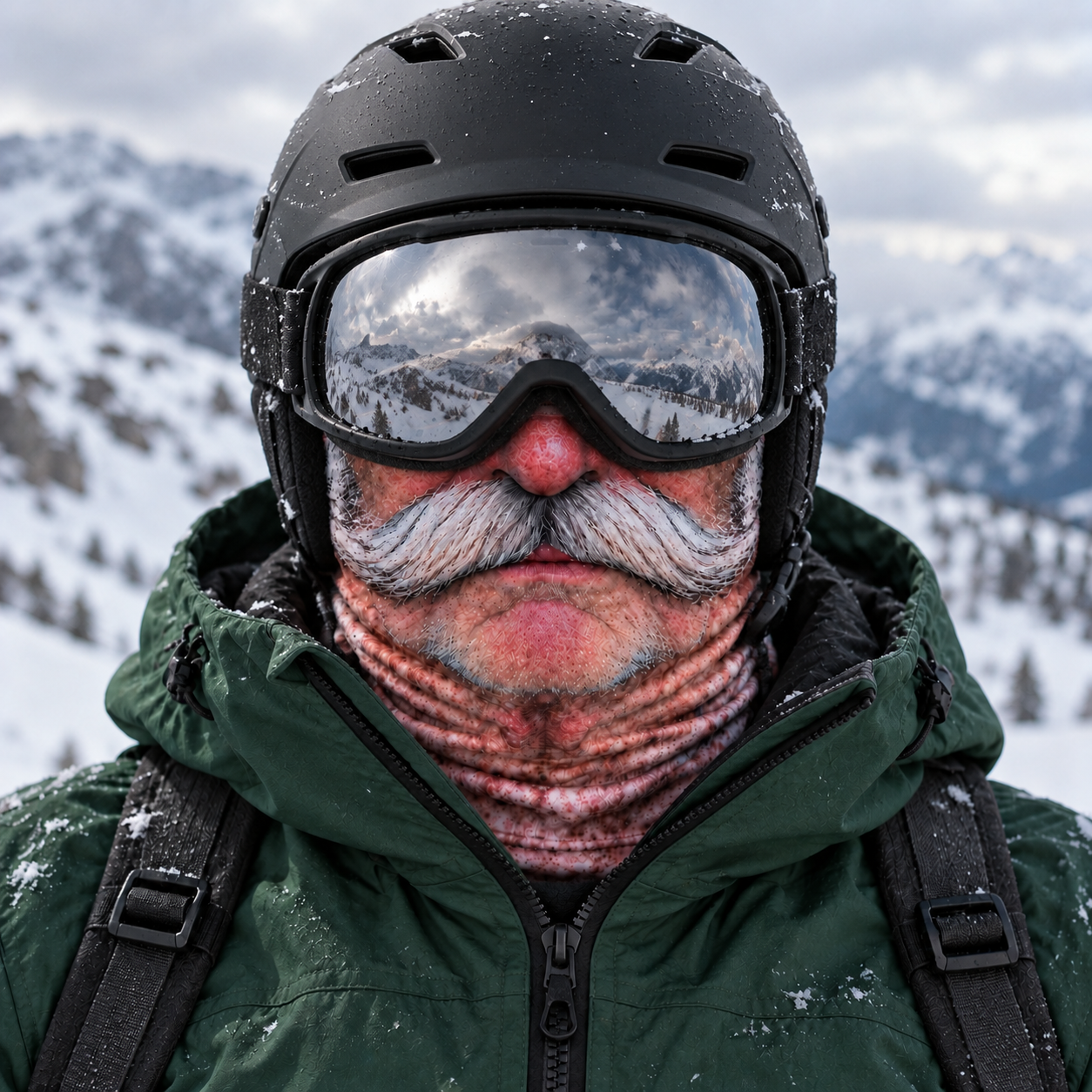 Mustache Mike thermal ski balaclava under a ski helmet with mirrored goggles